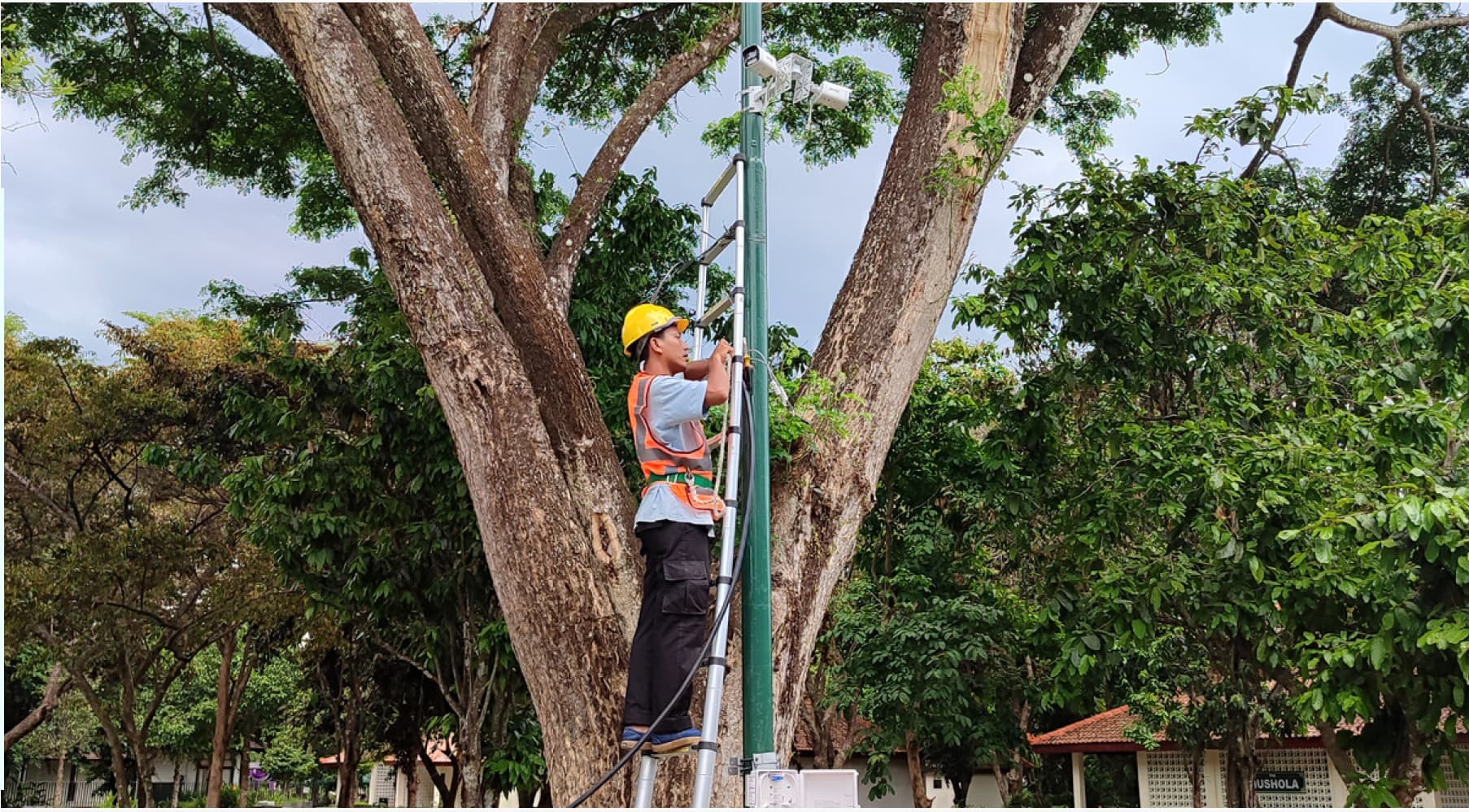 Technician working on outdoor equipment